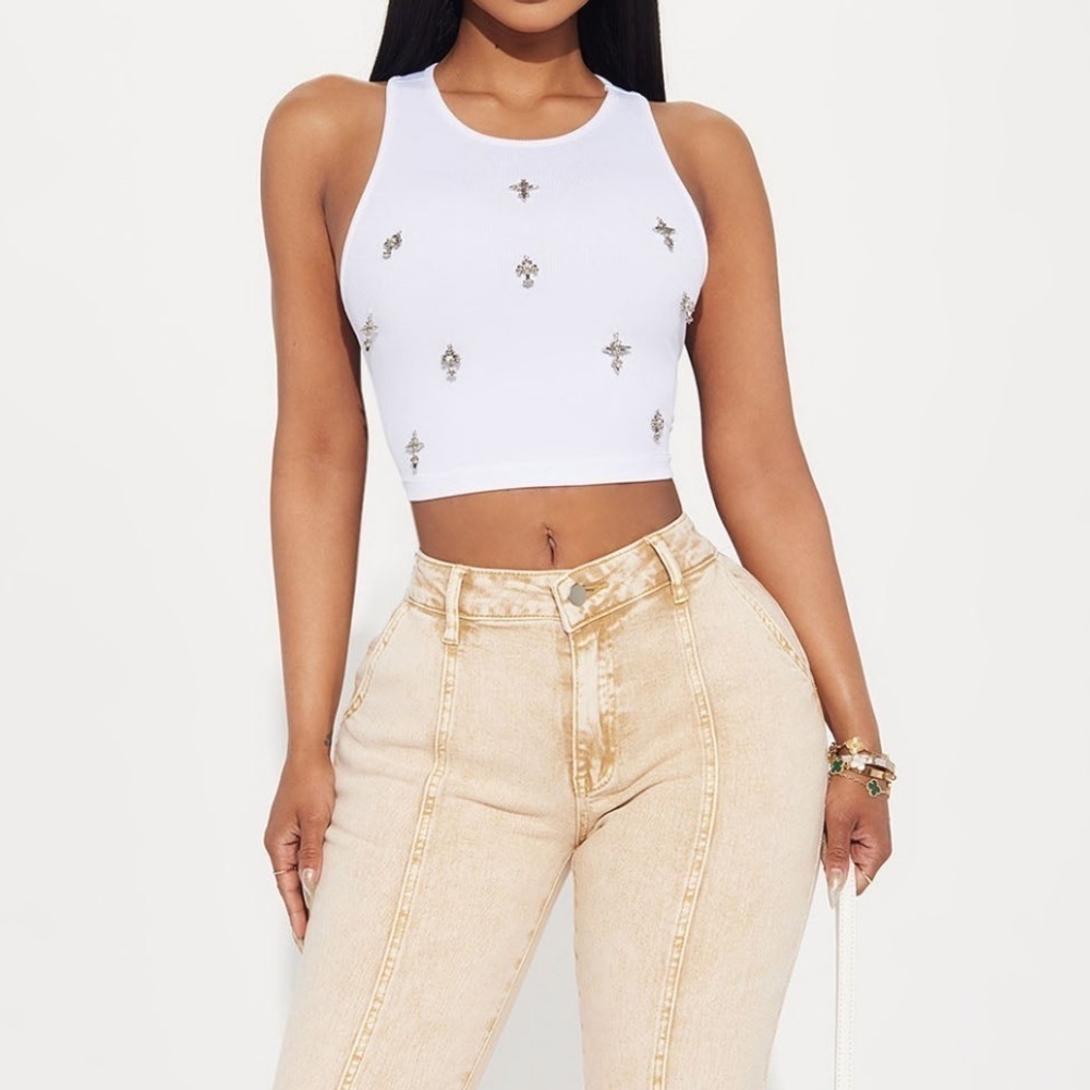 Chrome Cross Charm Tank Top in White | Edgy embellished crop tank top - Picture 5 of 6